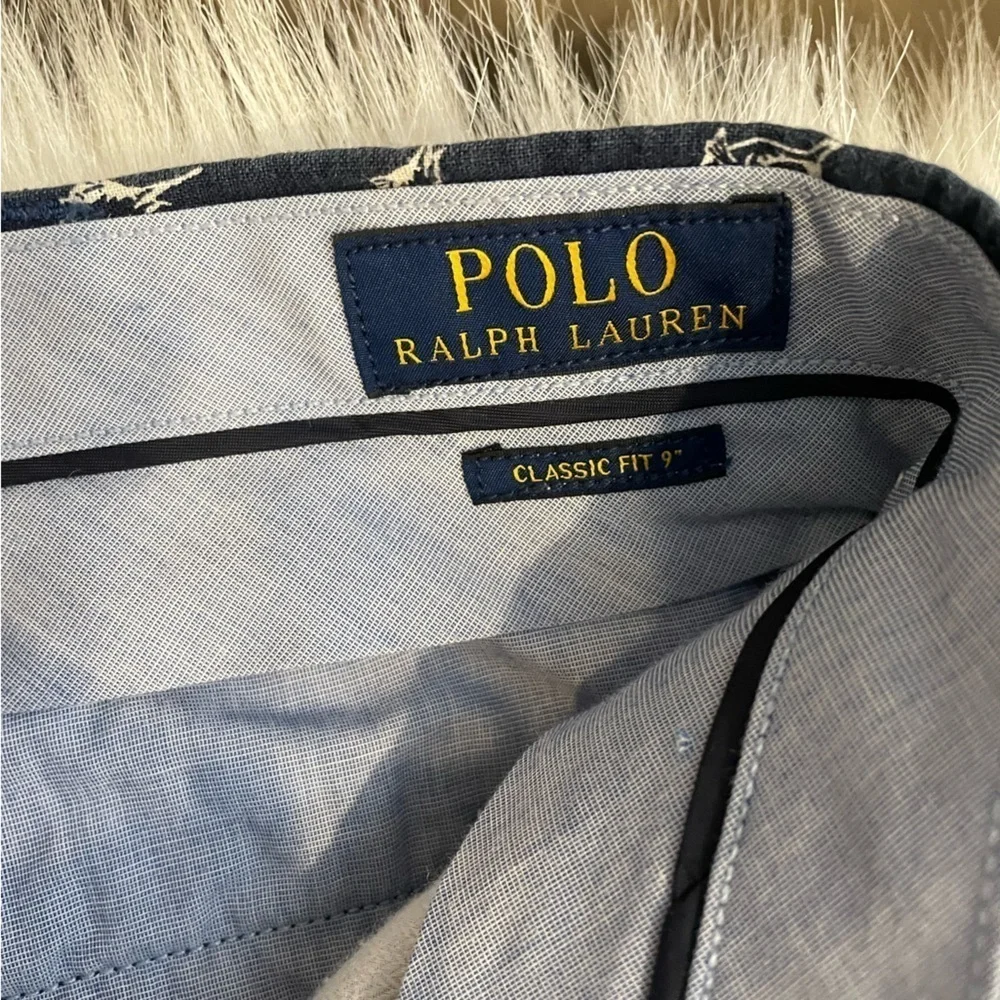 Polo Ralph Lauren Navy Blue Linen Marlin Print Shorts 36 x 9